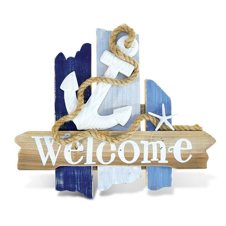 Puzzled Nautical Wooden Ocean Breeze Beach Theme D?cor Real Natural Wood Handcrafted Hand Painted Atlantic Anchor Welcome Sign Home Accent Kitchen Bedroom Living Room Unique Gift Souvenir 11 Inch