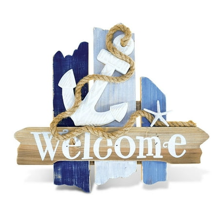 11' Wood Sign - Puzzled Nautical Wooden Ocean Breeze Beach Theme D?cor Real Natural Wood Handcrafted Hand Painted Atlantic Anchor Welcome Sign Home Accent Kitchen Bedroom Living Room Unique Gift Souvenir 11 Inch