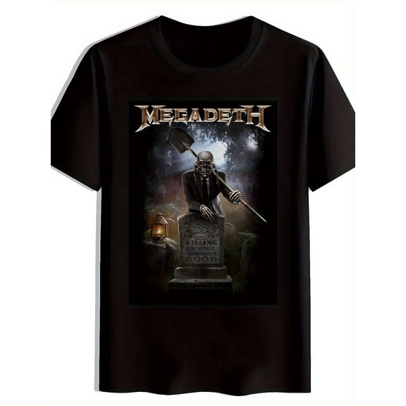 Black Short Sleeve Crew Neck, Heavy Metal Band Logo with Skull & Axe Illustration, Summer Casual Top, Music Fan Apparel | Skull Illustration | Durable Print, Metal T Shirt