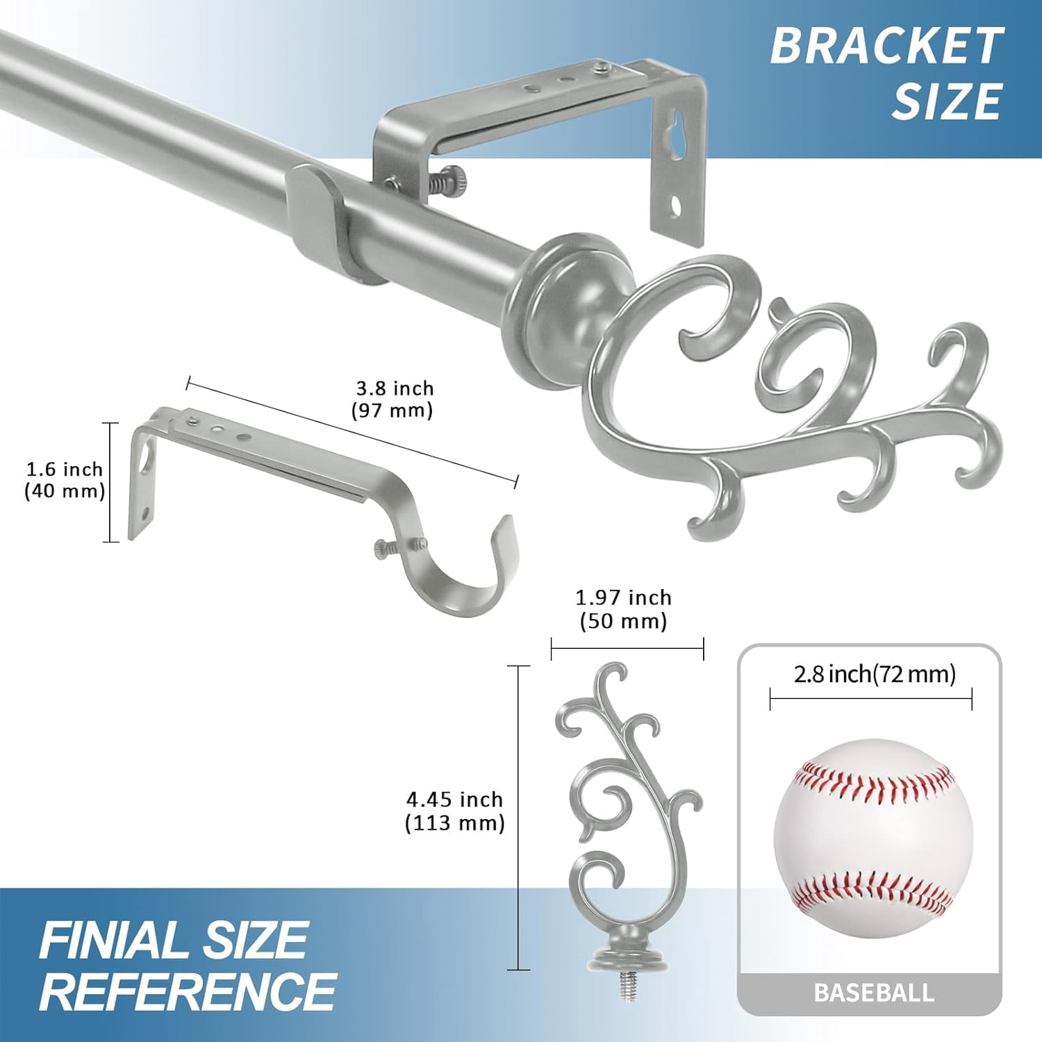 Urbanest Adjustable Single Curtain Rod Set Julietta Finials – 5/8 -Inch Diameter, With Pewter Rod, 84–120 Inches
