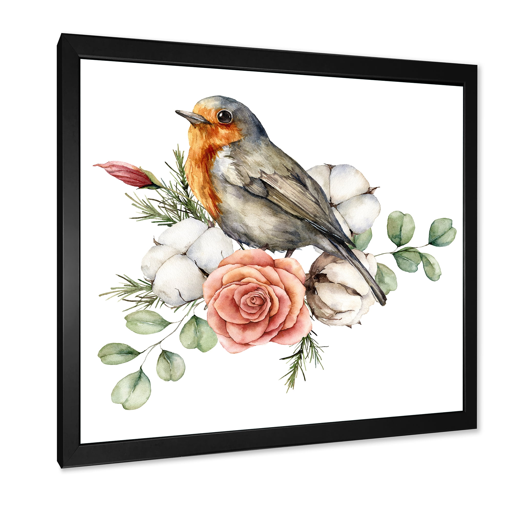 Designart 'Cotton Rose and Leaves With Robin Redbreast' Traditional Framed Art Print