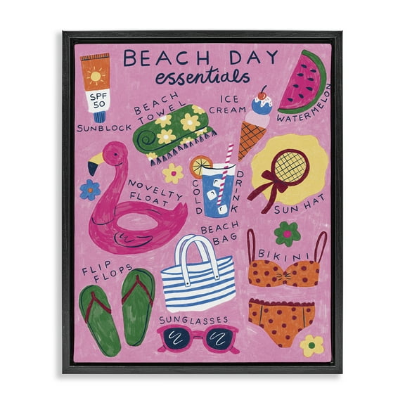 Stupell Industries Beach Day Essentials Nautical & Beach Painting Black Floater Framed Canvas Art Print Wall Art, 17 x 21