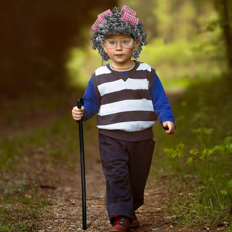 9 pcs Old Lady Costume for Kids,100 Days of School Costume Old Lady Wig for Girls,Halloween Granny Grandma Dress Up