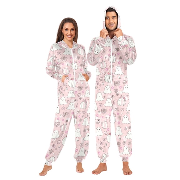 Adult Onesie Pajamas for Women and Men Loose Fit Full-Zip One-Piece Sleepwear with Pockets Cute Halloween Characters Pattern X-Small