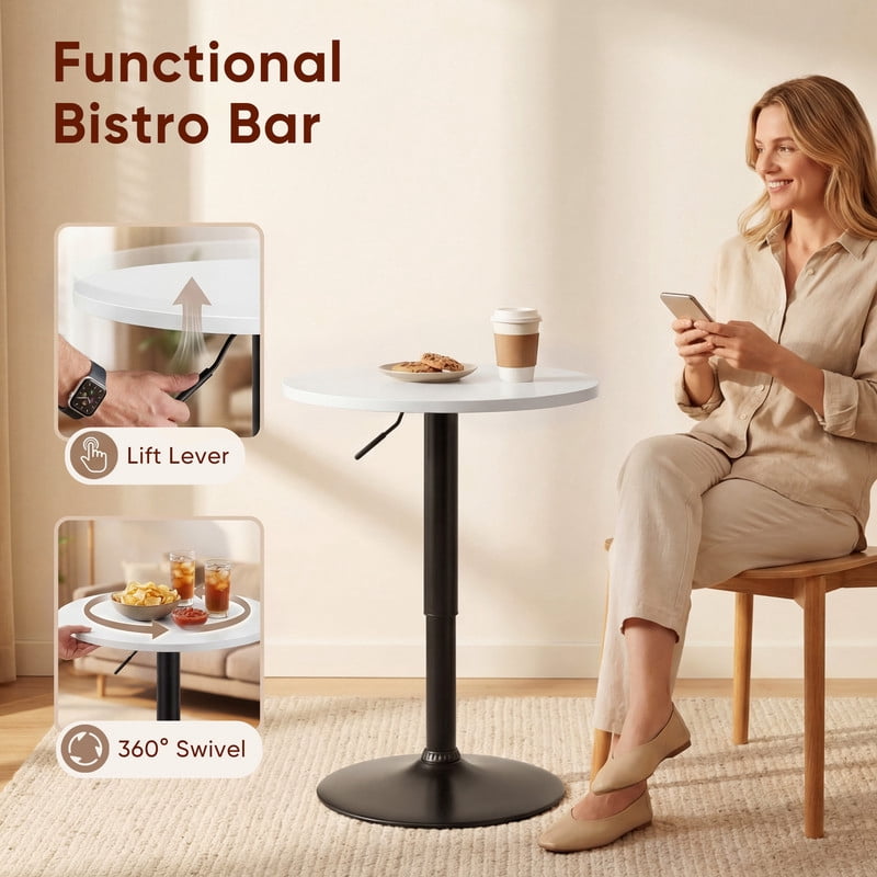 Lacoo 2 Pcs 23.6" Adjustable Round Bistro Pub Table, Swivel Pub Table with Metal Base for Home Bar, Kitchen, Dining Room, White/Black