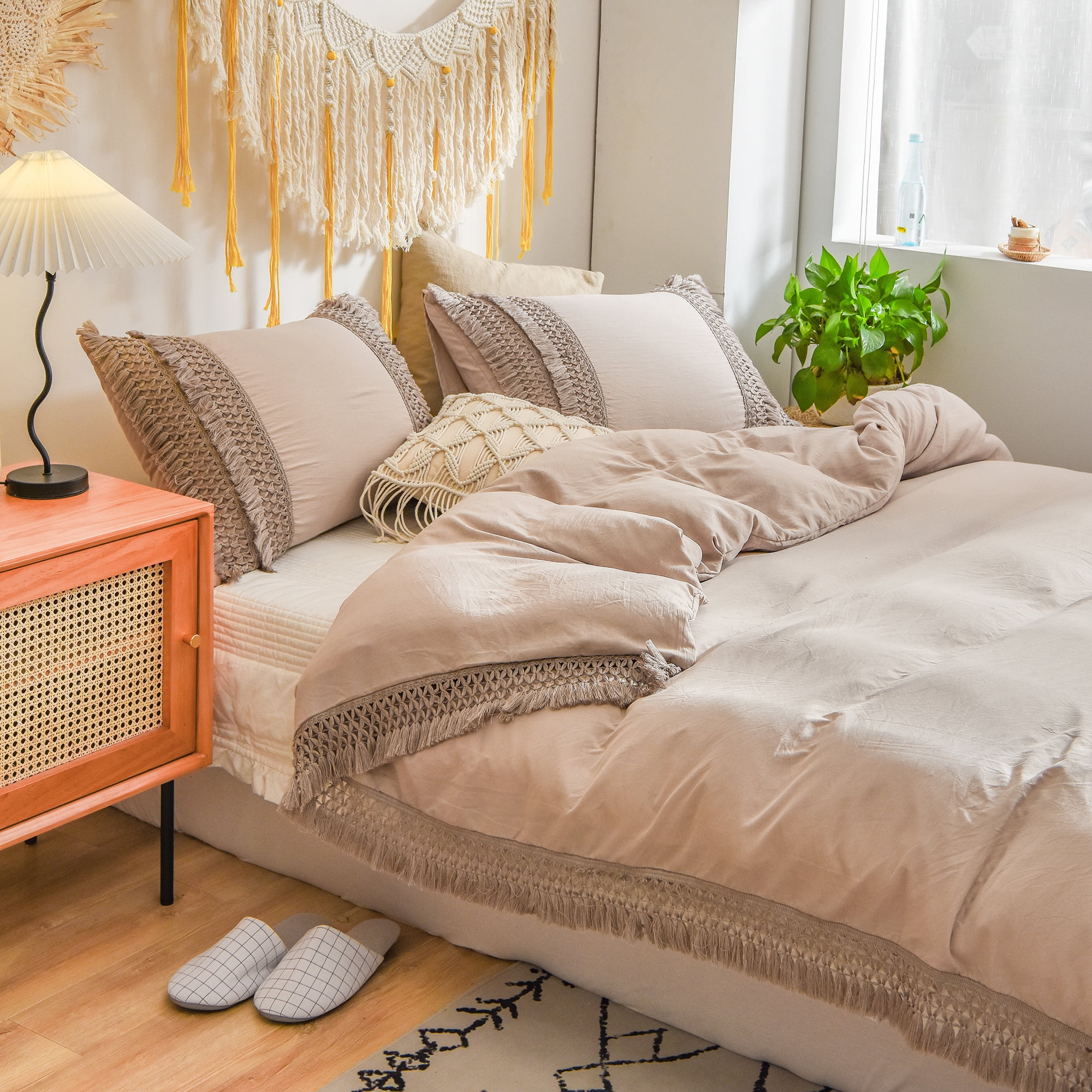 Move Over Taupe Macrame Tassel Bedding Sets Queen Boho Tassels Pattern Washed Microfiber Duvet Cover Set No Filling