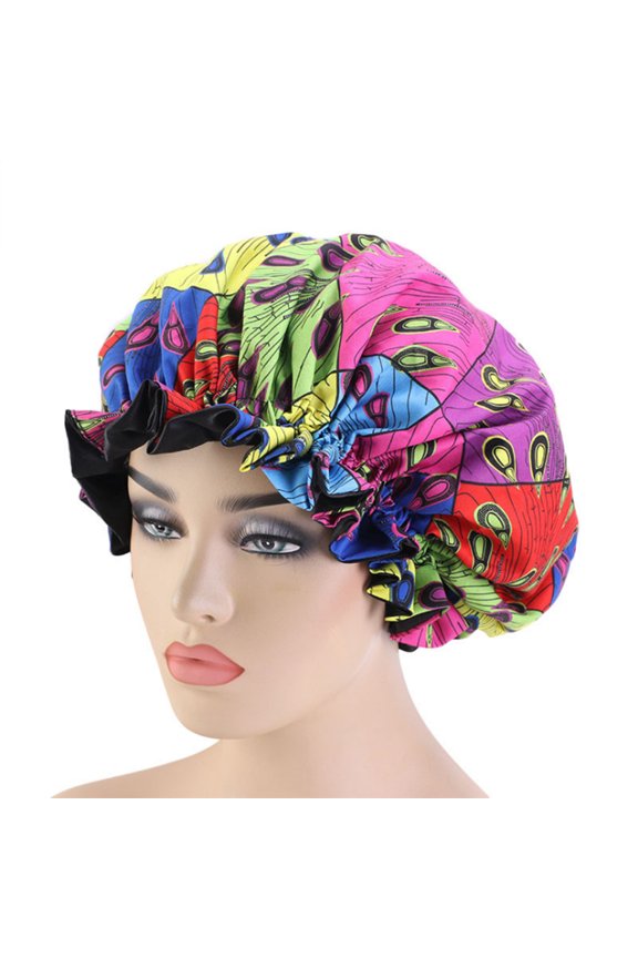 Satin Bonnet Double Layer Printed Pattern Reversible Night Sleeping Bonnet Cap for Home Use