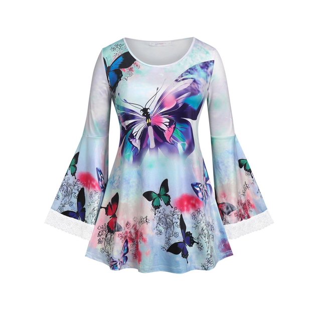 Camiseta con Estampado de Mariposa en Talla Extra con Mangas de Campanilla Rosegal Mangas largas de talla grande