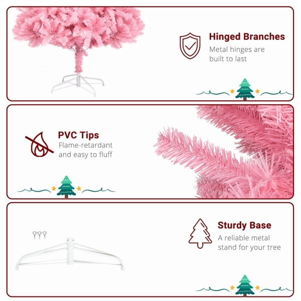 7FT Pink Christmas Tree - 1800 PVC Branch Tips, Sturdy Iron Base, Durable Unlit Artificial Tree for Holiday Home Decor