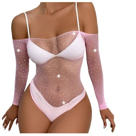 

Womens Lingerie Sets Clearance Bib Pants Coverall Tulle Bodysuit Mesh Underwear One-Piece Leotard Push Up Strapless Bra Pink One Size