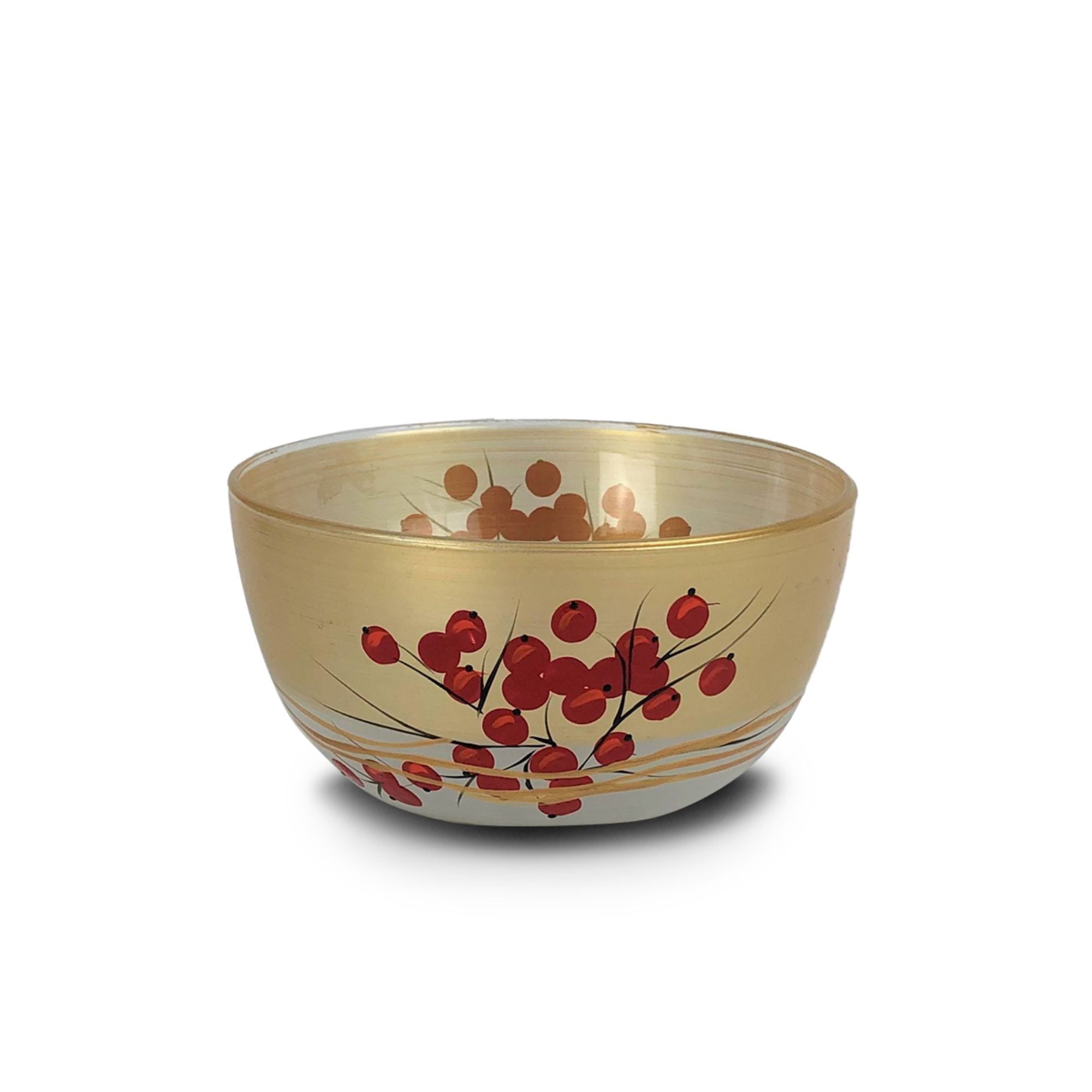 Set of 2 Red and Gold Holly Berries Hand Painted Glass Serving Bowls 6