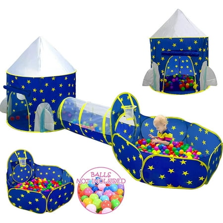 Wilwolfer Spaceship 3pc Toddler Pop up Kids Play Tent with Tunnel and Ball Pit for 3/6 Years Kids Boys Babys Indoor
