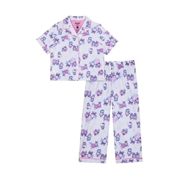 Hello Kitty Girls Short Sleeve Botton Front Top and Pants Pajama Set, 2-Piece, Sizes 4-12