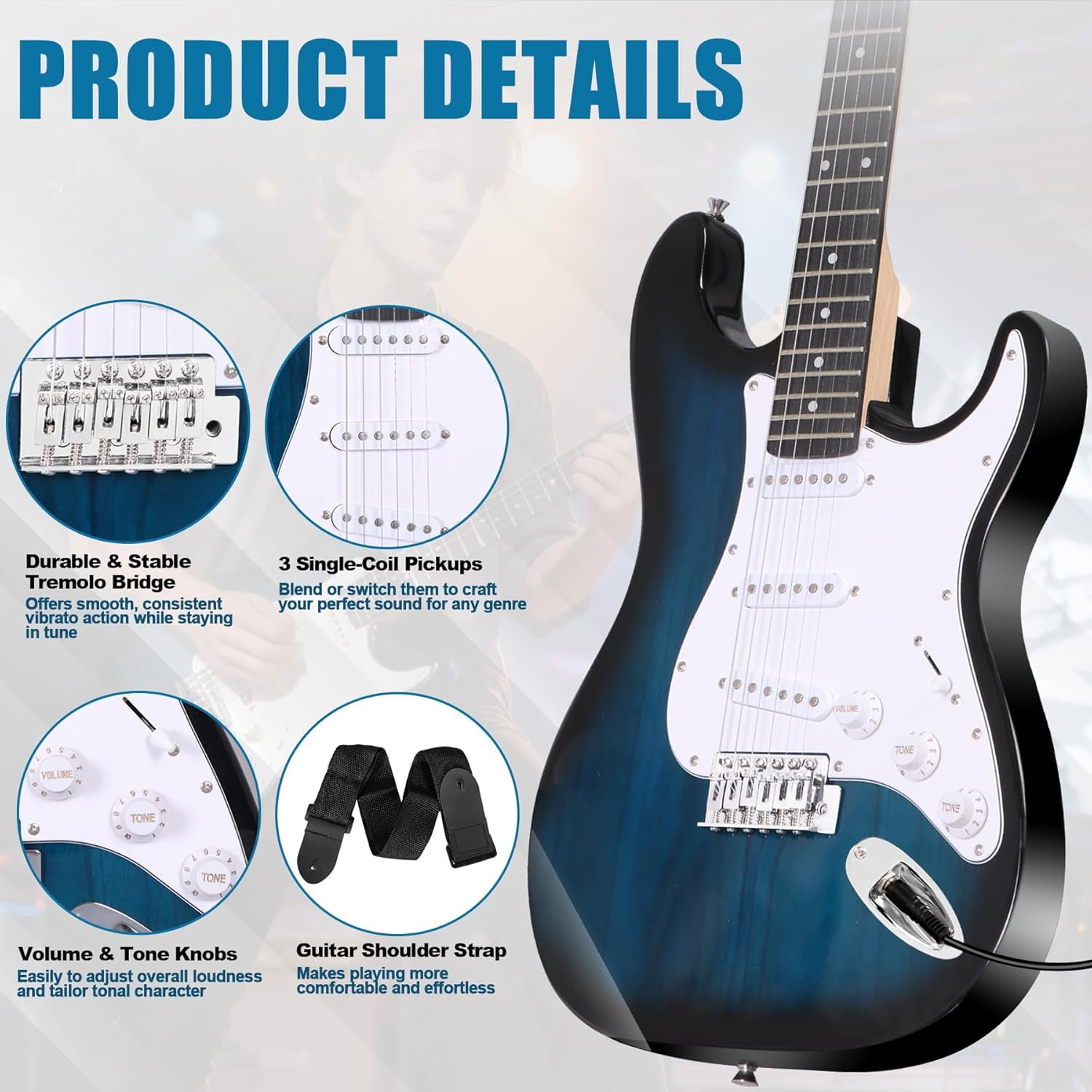 39" Electric Guitar Beginner Kit Full Size Blue Guitar with 10W Amp, Case and Accessories Pack for Starter (Blue)
