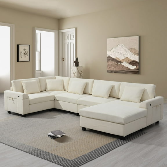 MAYEERTY 128x67" U-Shaped Sectional Sofa - 6-Seat Chenille Couch with Ottoman/Armrest Storage/Cup Holders/USB, Wide Seat for Living Room/Apartment, 2 Colors