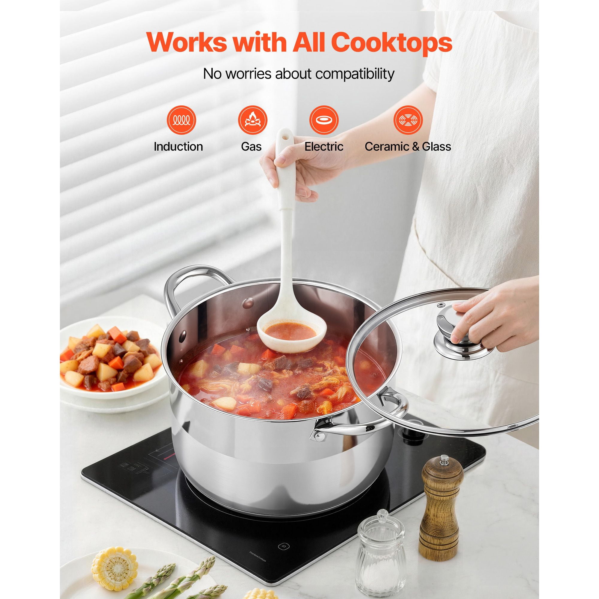 Stainless Steel Stock Pot 8 Quart with Glass Lid for Soups Stews Pasta