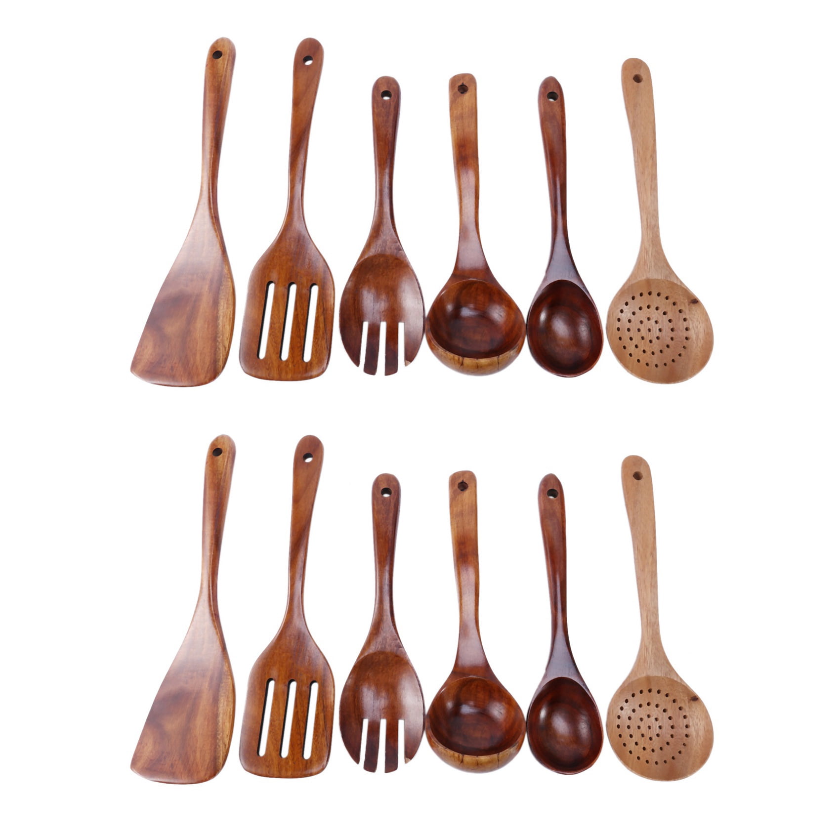 Wooden Utensils Set of 12, Large Kitchen Cooking Utensil for Non Stick Cookware, Natural Teak