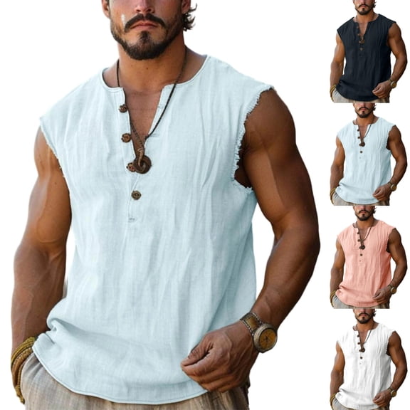 SGFCWSX Mens Tank Tops Linen Sleeveless Shirts Casual Summer Lightweight Breathable Daily Wear Muscle Tees Light Blue Size XL