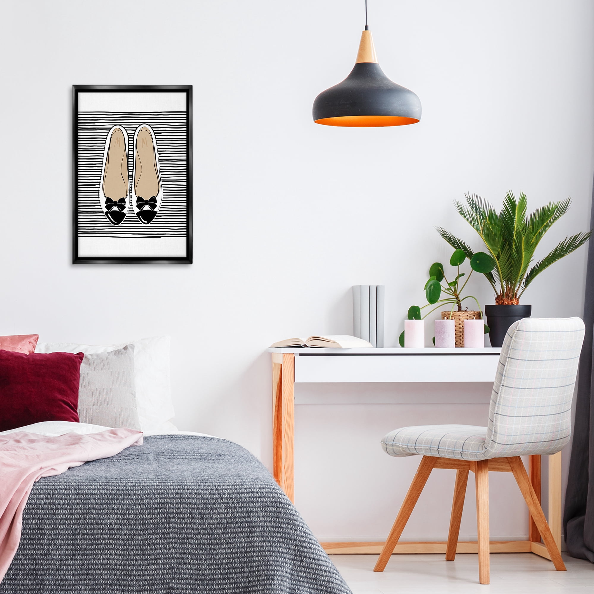 Stupell Industries Bow Flats on Stripes Beauty & Fashion Painting Black Floater Framed Art Print Wall Art, 17 x 25