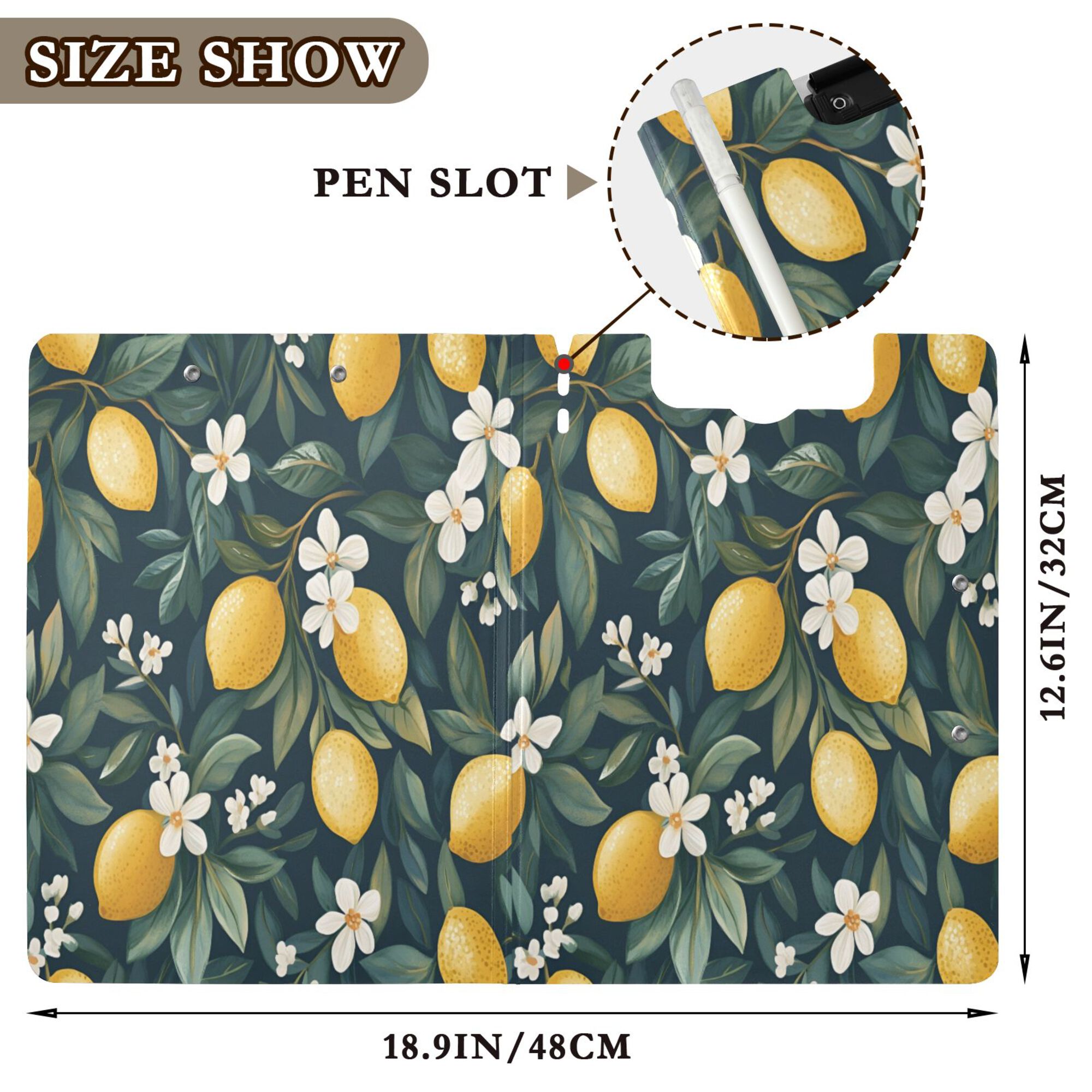 FORMRS A4 Clipboard Folder with Pen Holder Horizontal Foldable School Office Binder, Floral Lemons