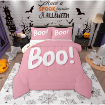 Manfei Girly Pink Halloween Full Size Comforter Sets for Kid, Kawaii Boo Bedding Comforter Set, Cute Princess Cartoon Reversible Bedding Sets, Super Cozy Room Decor, 3-Piece