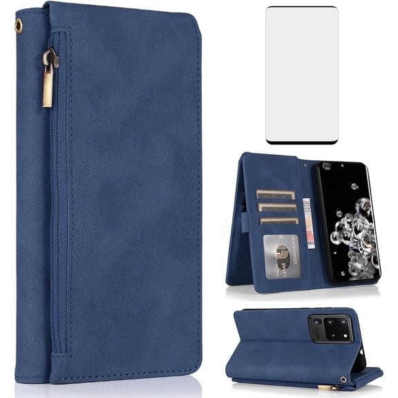 Asuwish Wallet Kickstand Hard Shell Cell Phone Case with Tempered Glass Screen Protector for Samsung Galaxy S20 Ultra 5G, Blue