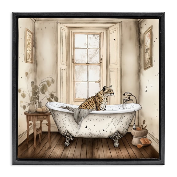 Neutral Leopard Bathtime Black Framed Floater Canvas Wall Art, design by Sasha