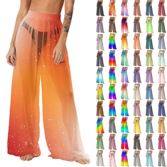 Pincandy Women's Cover Up Pants Sheer Sarong Coverups Summer Boho Beach Pant Elastic Waist Palazzo Cover Up Pants