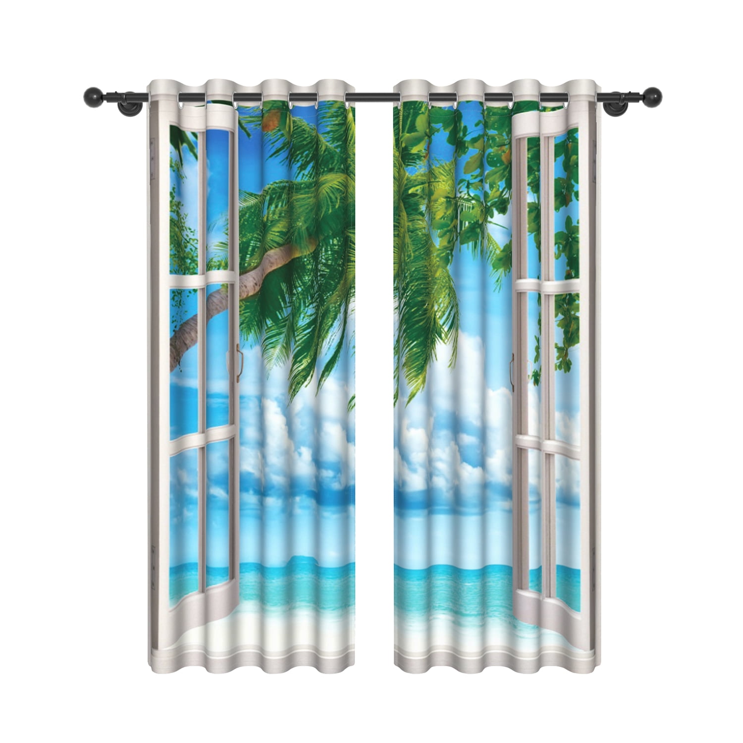 Summer Ocean Beach Blackout Curtains, Room Darkening Grommet Curtains, White Window View, 52"x96", 2 Panel