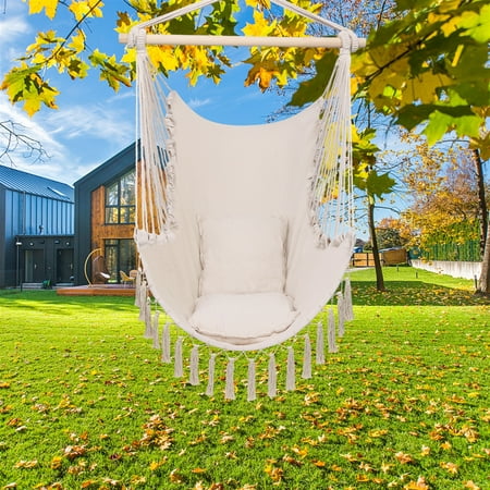 BesBuy Large Hanging Hammock Chair Relax Hanging Rope Swing Chair with Two Seat Cushions Cotton Hammock Chair Swing Seat for Yard /Bedroom /Patio Porch/ Indoor Outdoor Beige