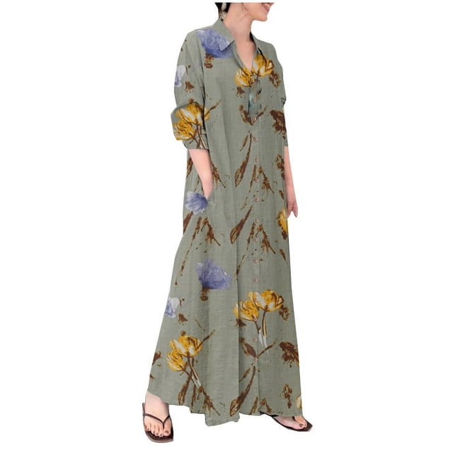IDALL Robe Maxi à Imprimé Floral pour Femmes Automne 2024 Robes d'Invité de Mariage Manches Longues Enveloppantes Col en V Volants Ceinturées Ligne A Fluide Décontractée Taille Nouée Boho Robes en Chiffon Blouse Z3-Vert m