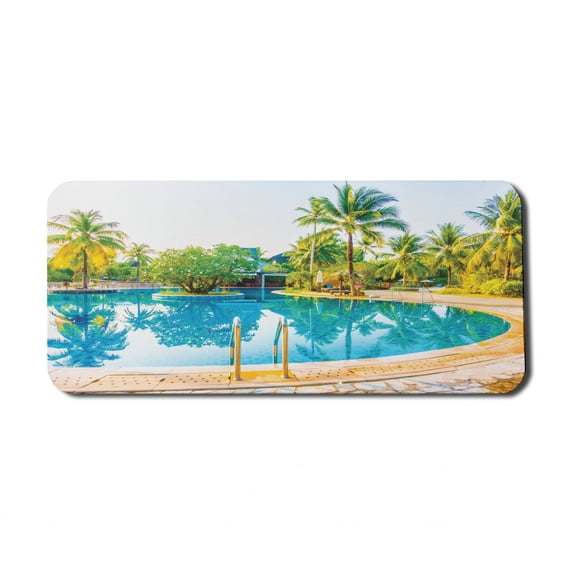 Landscape Computer Mouse Pad, Umbrella and Chair Around the Round Pool Tourist Space Famous Spots Concept, Rectangle Non-Slip Rubber Mousepad X-Large, 35" x 15", Green Blue Cream, by Ambesonne