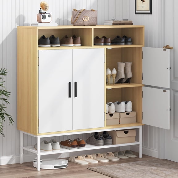 Shoe Cabinet with 4 Doors and Adjustable Shelves, 30 Pairs Shoe Storage Cabinet, 43.31 Inch Tall Farmhouse Shoe Rack Shoe Organizer Cabinet for Entryway Living Room Closet, White & Natural wood