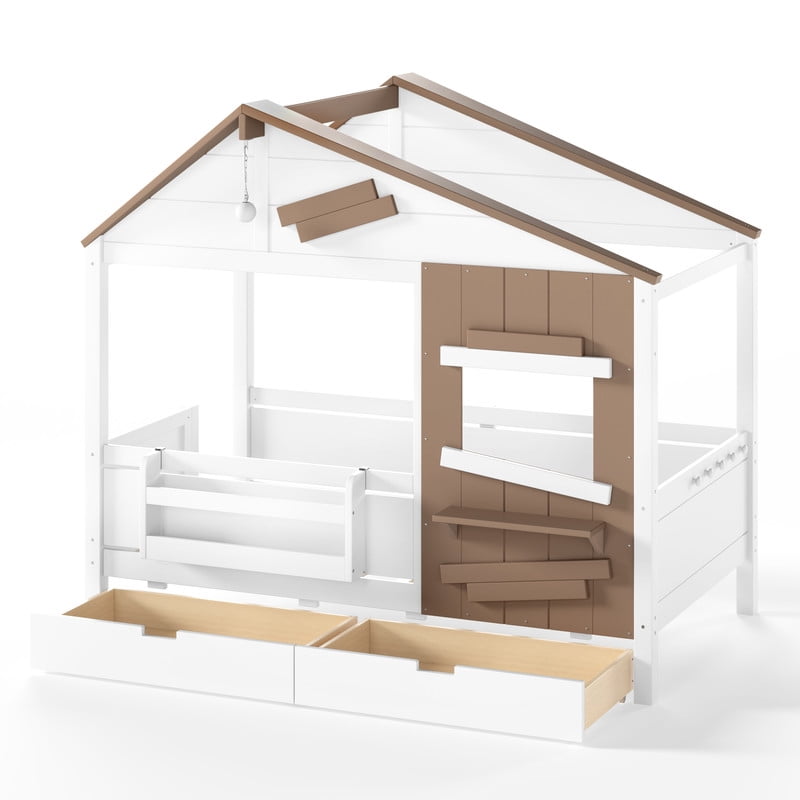 Twin House-Shaped Kid's Bed with Built-in Bookshelf & Light Bulb, Wooden Platform Bed Frame with 2 Drawers & 5 Round Hooks