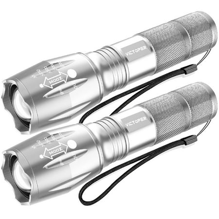 Victoper LED Flashlight 2 Pack Silver Bright High Lumens Tactical Flashlights High Lumens with 5 Modes Waterproof Zoomable Flash Light for Outdoor Gifts for Hunting Camping Essentials Gear