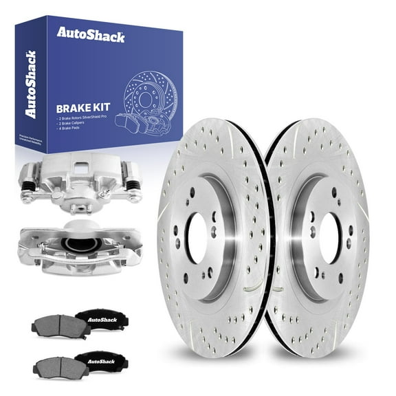 AutoShack Front Drilled & Slotted Brake Rotors Ceramic Brake Pads Calipers | Replacement for 2004 Honda Civic 2.0L FWD | Zinc Coated | 8-PC Brake Kit | SilverShield Pro