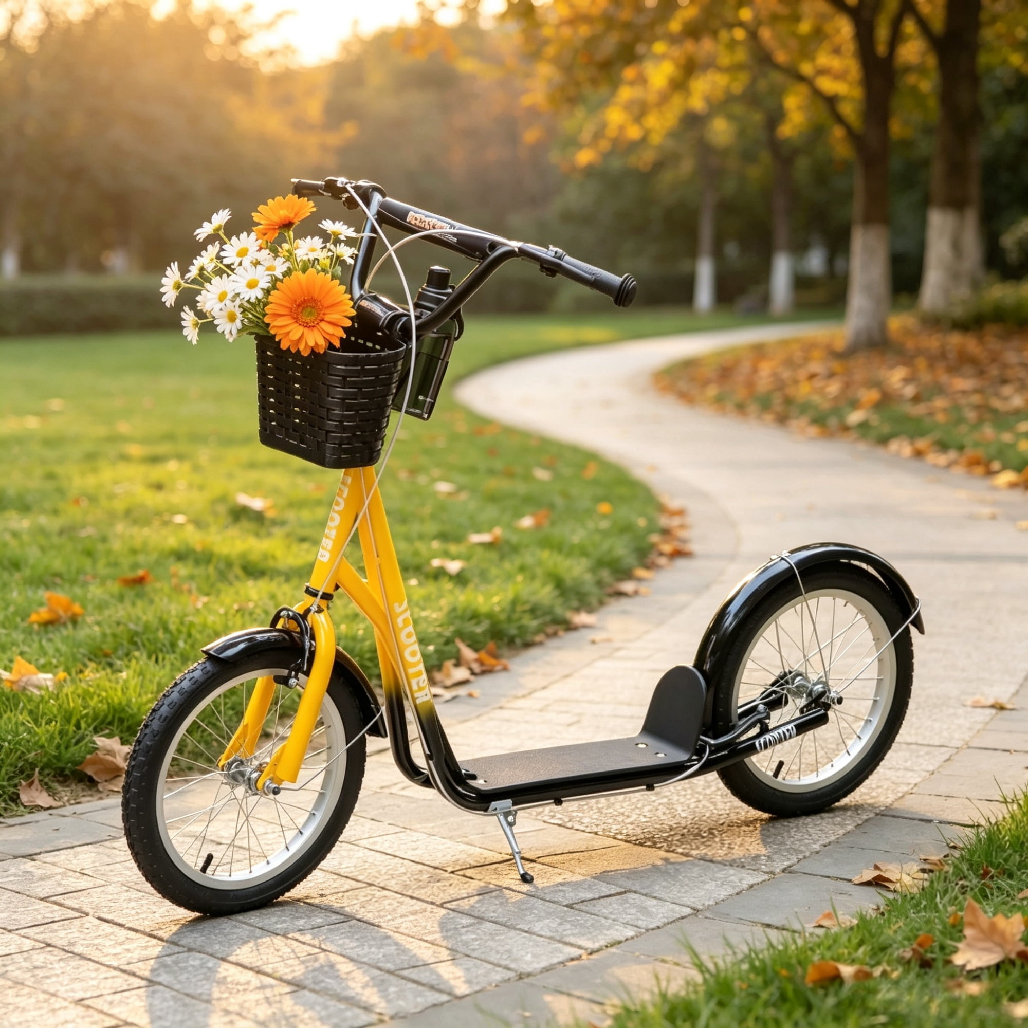 16" Inflatable Youth Scooter, Kick Scooter with Adjustable Handlebars, Double Brakes, Front Basket and Cupholder, Orange