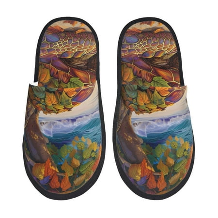 Balery Colorful Maple Leaf Beach Turtle Slient Indoor Furry Fleece Comfort House Shoes Soft Non-Slip Home Shoes Cotton slippers House Slippers-- Medium