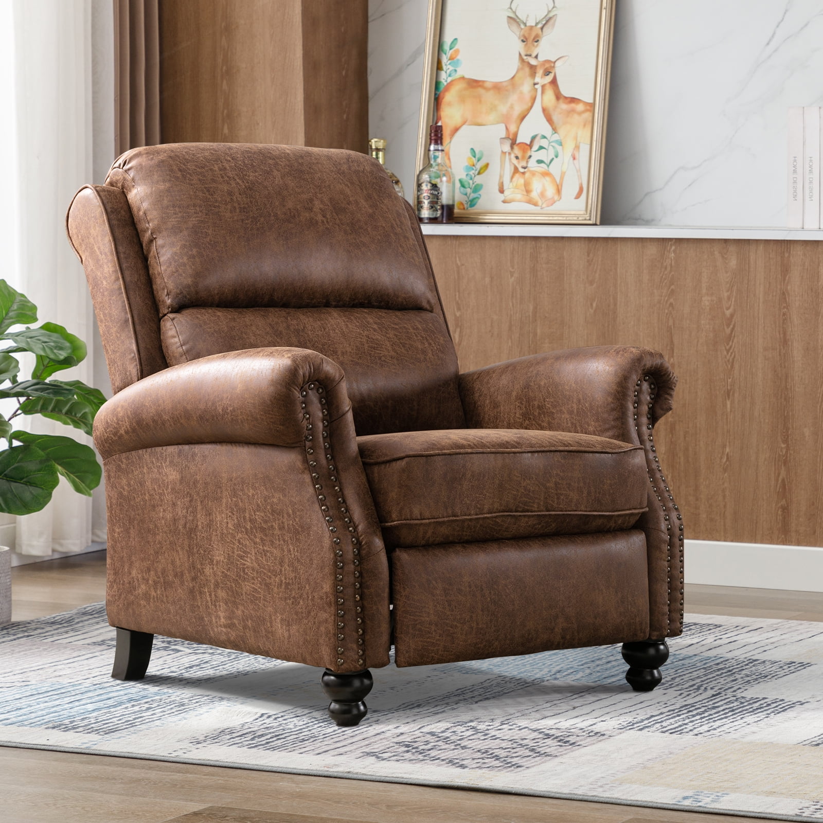 Ebello PU Leather Pushback Recliner Chair with Nailhead Trim - Vintage Style Push Back Lounge Chair for Bedroom & Living Room 350lbs Capacity, Brown
