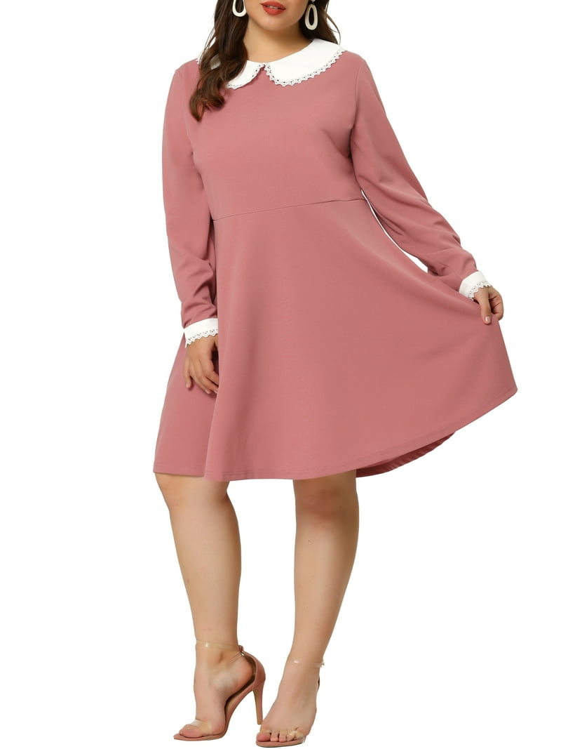 Agnes Orinda Women's Plus Size Dress Peter Pan Collar Long Sleeve Fall  Winter Midi A-line Dresses 1X Pink - Walmart.com