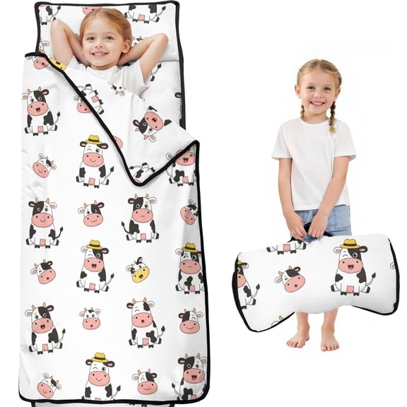 Cow and Hat White Pattern Toddler Nap Mat with Pillow & Blanket, Soft Sleeping Mat for Preschool Daycare Travel Sleepovers