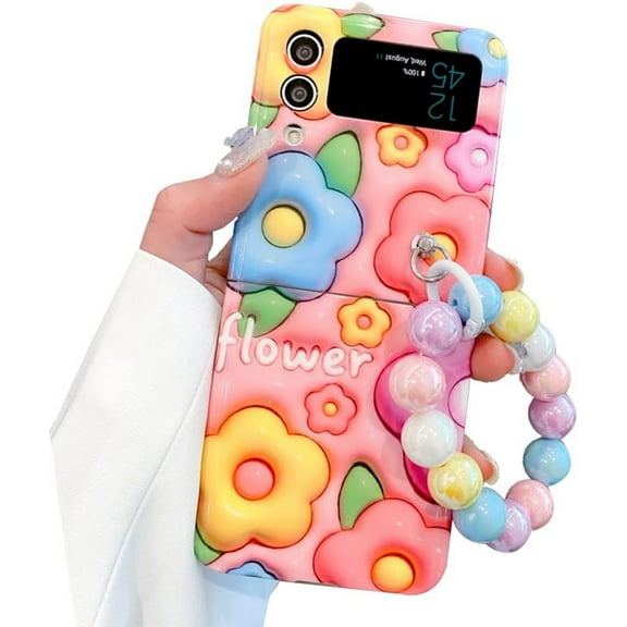 Pink Flower Case for Samsung Galaxy Z Flip 3 Colorful Beads Strap, Lovely Wristband Case for Galaxy Z Flip 3 Cute 3D Floral Print, Lovely Painting Phone Case for Z Flip 3 Soft TPU Protective Cover