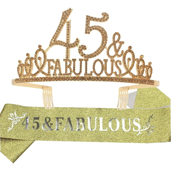 EBE EmmasbyEmma 45th Birthday Sash and Tiara for Women - Fabulous Glitter Sash   Fabulous Rhinestone Pink Premium Metal Tiara for Her, 45th Birthday Gifts for 45 Party, birthday queen sash