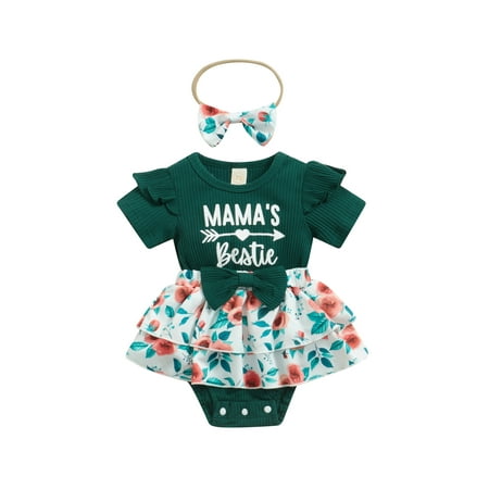 

HOANSELAY Baby Girls Summer Casual Romper Short Sleeve O Neck Letter Floral Print Tutu Playsuit with Headband