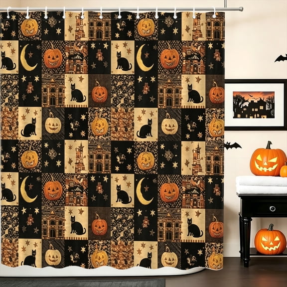 Vintage Pumpkin Bat Patchwork Flower Shower Curtain, 70.8x70.8 Inch, Double Sided 2D Print Halloween Bathroom Decor