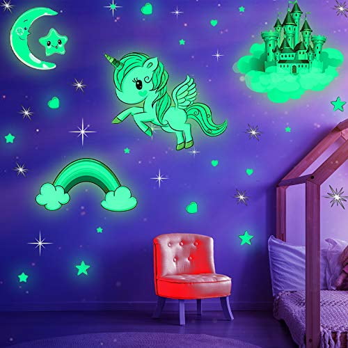 Glowing Stars for Ceiling and Wall Decals 3D Glowing Stars Moon Unicorn for Kids Boys Girls Bedding Room Decoration or Party Birthday Gift 382 Pcs Glow in The Dark Stars Wall Stickers 