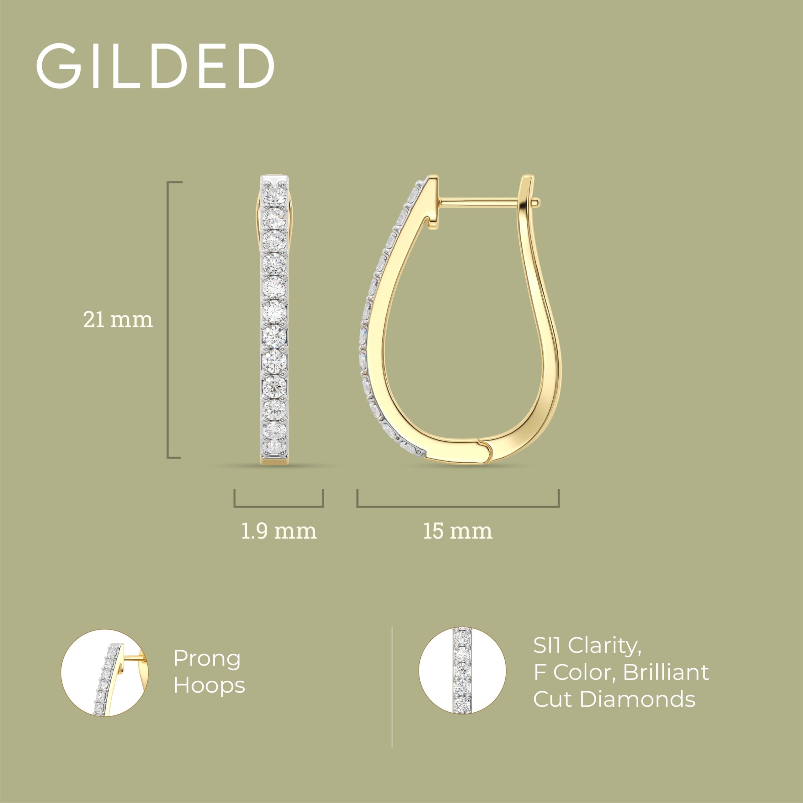 Gilded 1/2 Carat Total Weight Lab-Grown Diamond U-Shaped Hoop Earrings for Women in 14KT Gold Plated 925 Sterling Silver | Hypoallergenic Fine Jewelry | Latch Back Closure | SI1 Clarity, F Color
