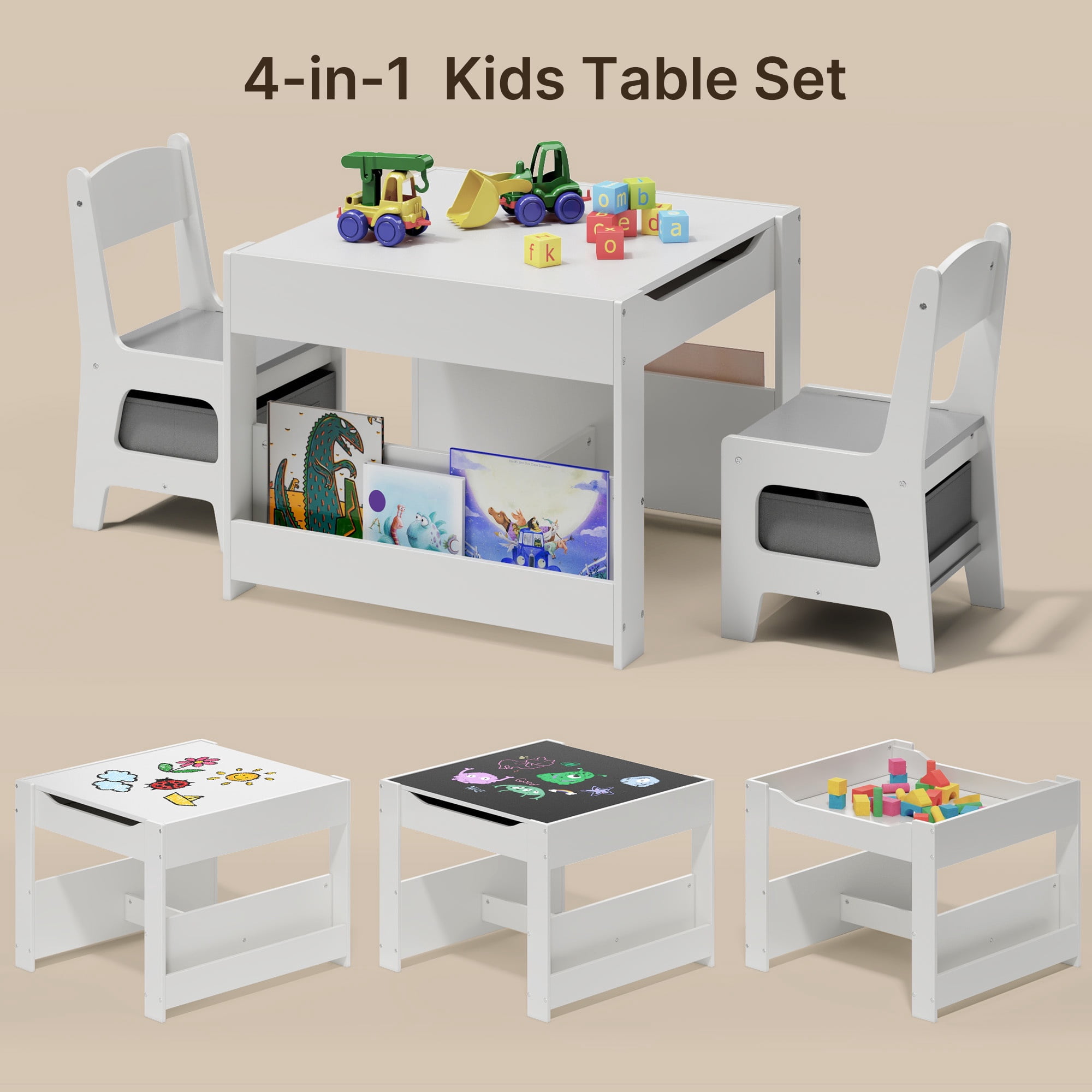 Asofer 4-in-1 Kids Table and Chair Set, Bookshelves and Storage Drawer for Drawing Playing Studying Eating, White & Gray