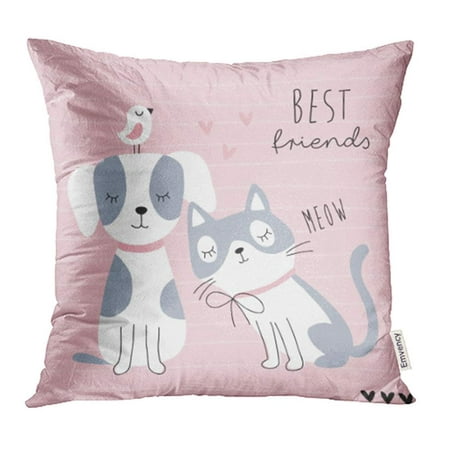 USART Pink Baby Cute Best Friends Cat Dog and Bird White Kitty Meow Pet Sweet Animal Pillowcase Cushion Cover 18x18
