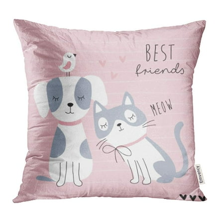 ARHOME Pink Baby Cute Best Friends Cat Dog and Bird White Kitty Meow Pet Sweet Animal Pillowcase Cushion Cover 16x16 (Dogs Best Friend And Cat's Meow)